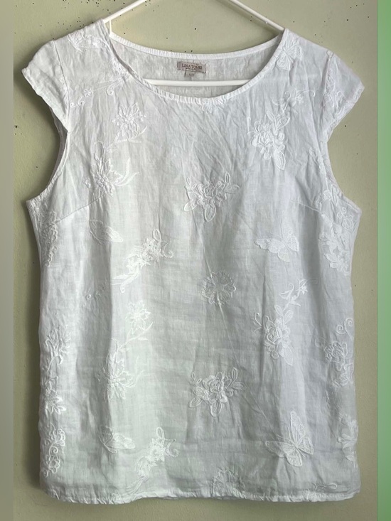 Lina Tomei Tops - Linen Embroidered Sleeveless Top - White